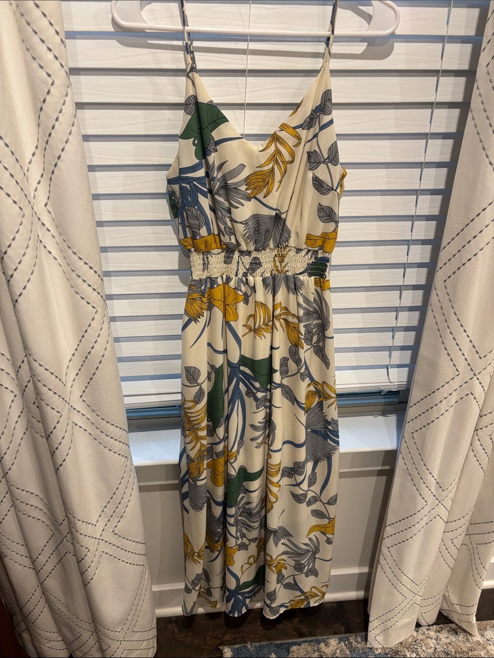 Collective Concepts Cream Maxi Dress with Mustard, Green & Gray Floral Print